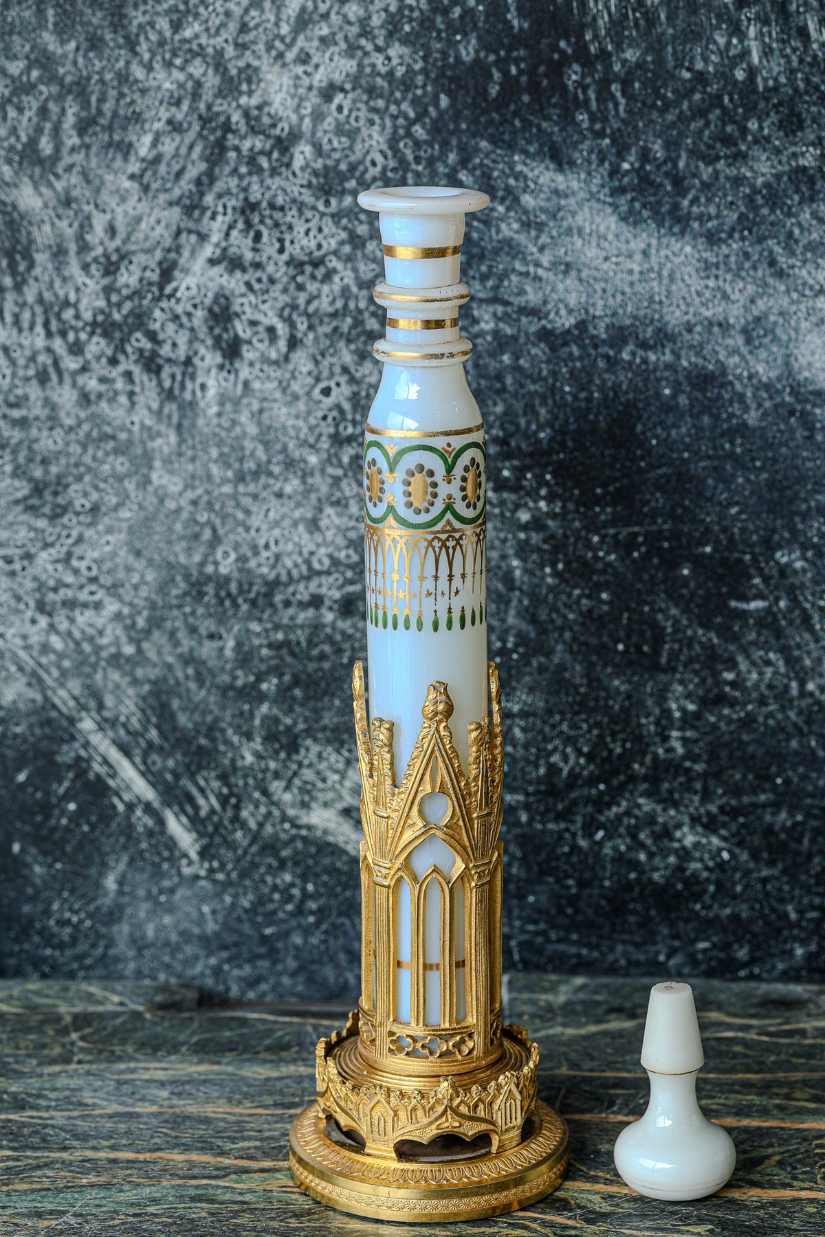 Antique French White Opaline Perfume Flask (Flacon à Mélisse) with Gilt and Green Enamel, in Its Gilt Bronze Gothic Stand, c. 1860