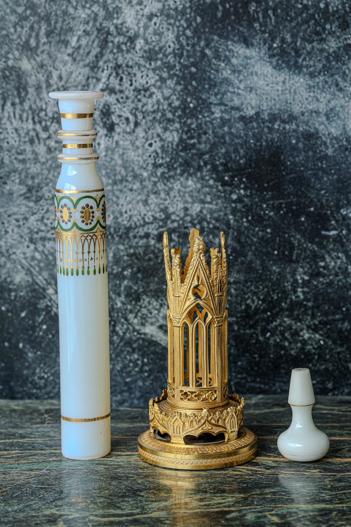 Antique French White Opaline Perfume Flask (Flacon à Mélisse) with Gilt and Green Enamel, in Its Gilt Bronze Gothic Stand, c. 1860