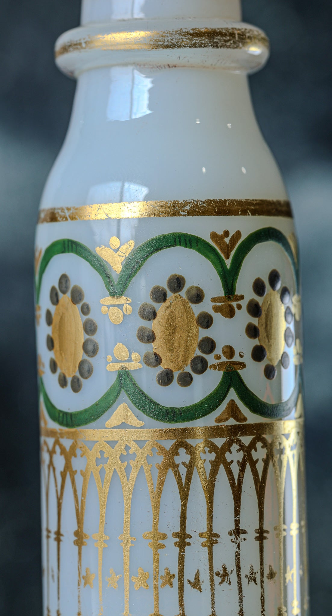 Antique French White Opaline Perfume Flask (Flacon à Mélisse) with Gilt and Green Enamel, in Its Gilt Bronze Gothic Stand, c. 1860